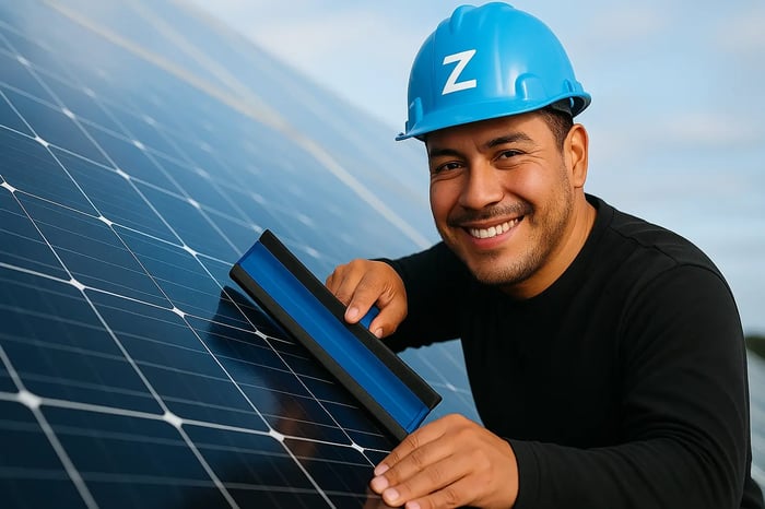 Técnico limpiando paneles solares como parte del servicio de mantenimiento preventivo de Zolarzo.