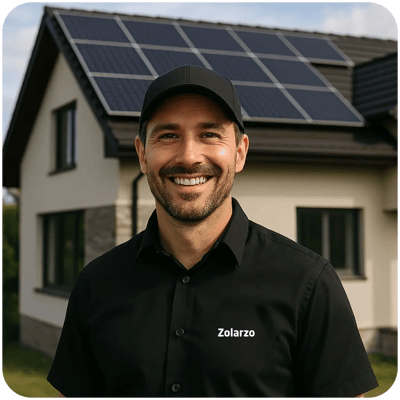 asesor de Zolarzo frente a una casa con paneles solares instalados en el techo asesor de Zolarzo frente a una casa con paneles solares instalados en el techo