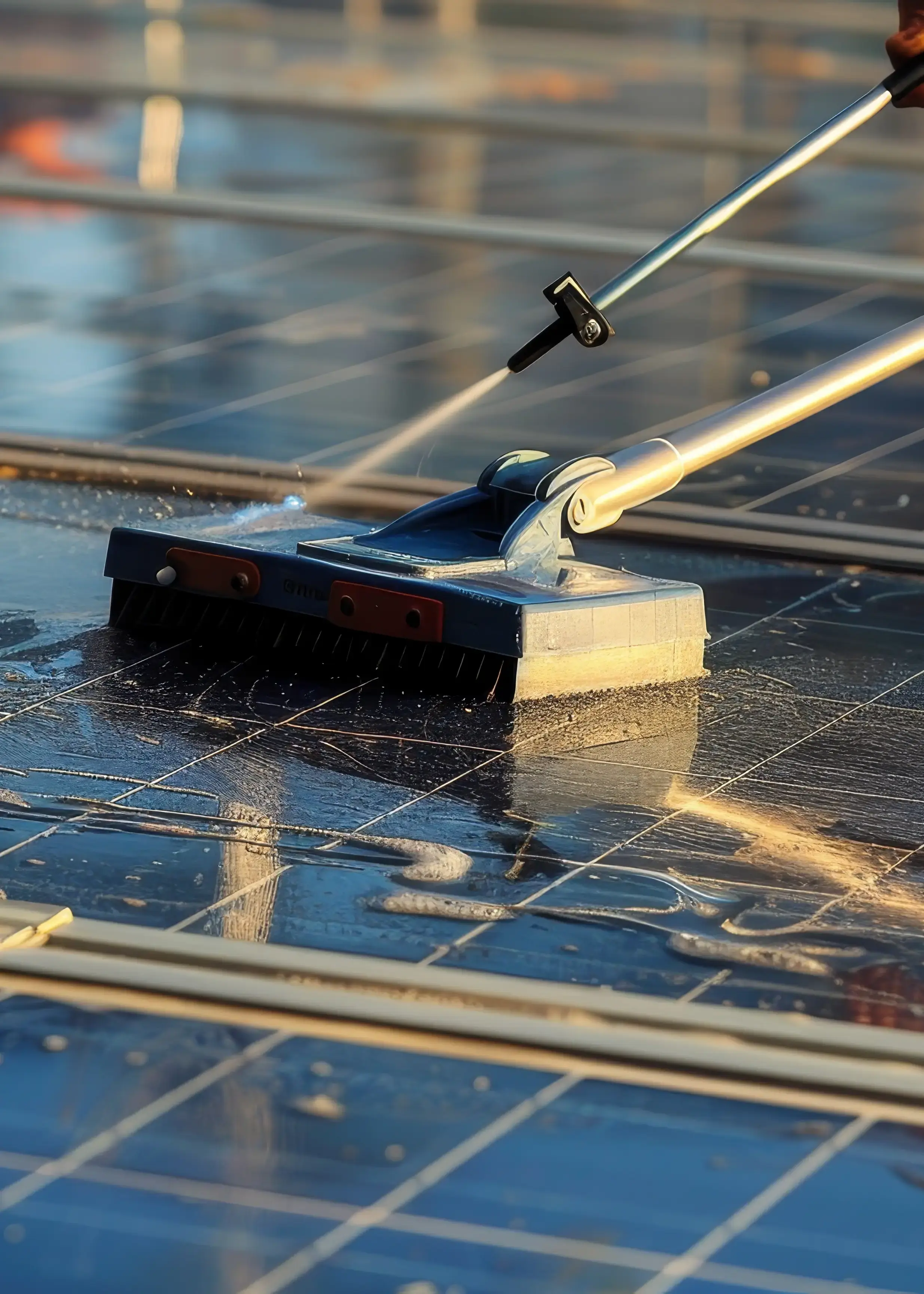 Cleaning solar panels with water and a soft brush to improve efficiency